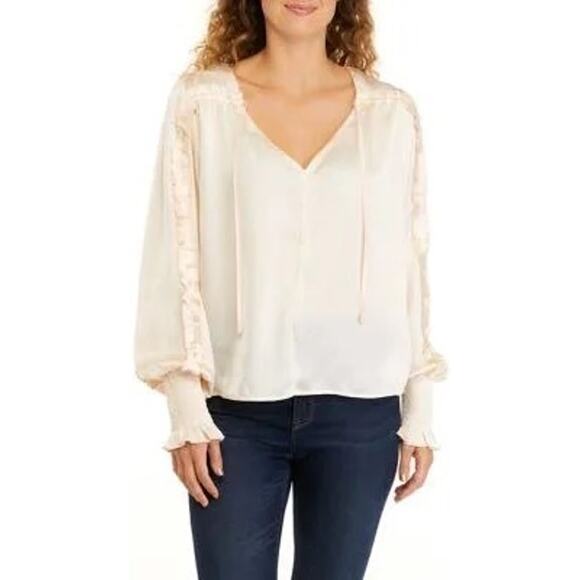 NWT Sam Edelman Varick V-Neck Ruffle Sleeve Satin Blouse Size XL Shifting Sand - Picture 1 of 11